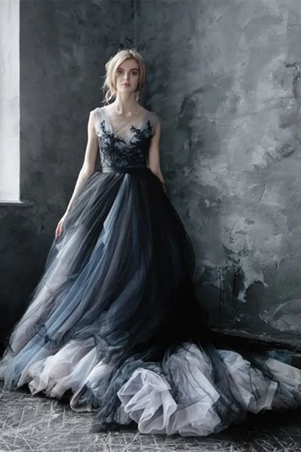 Promfast Chic A line Scoop Black Applique Tulle Evening Dress Wedding Dress PFW0605
