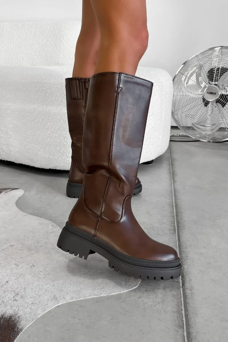 SADIE Chunky Knee High Boots - Brown PU