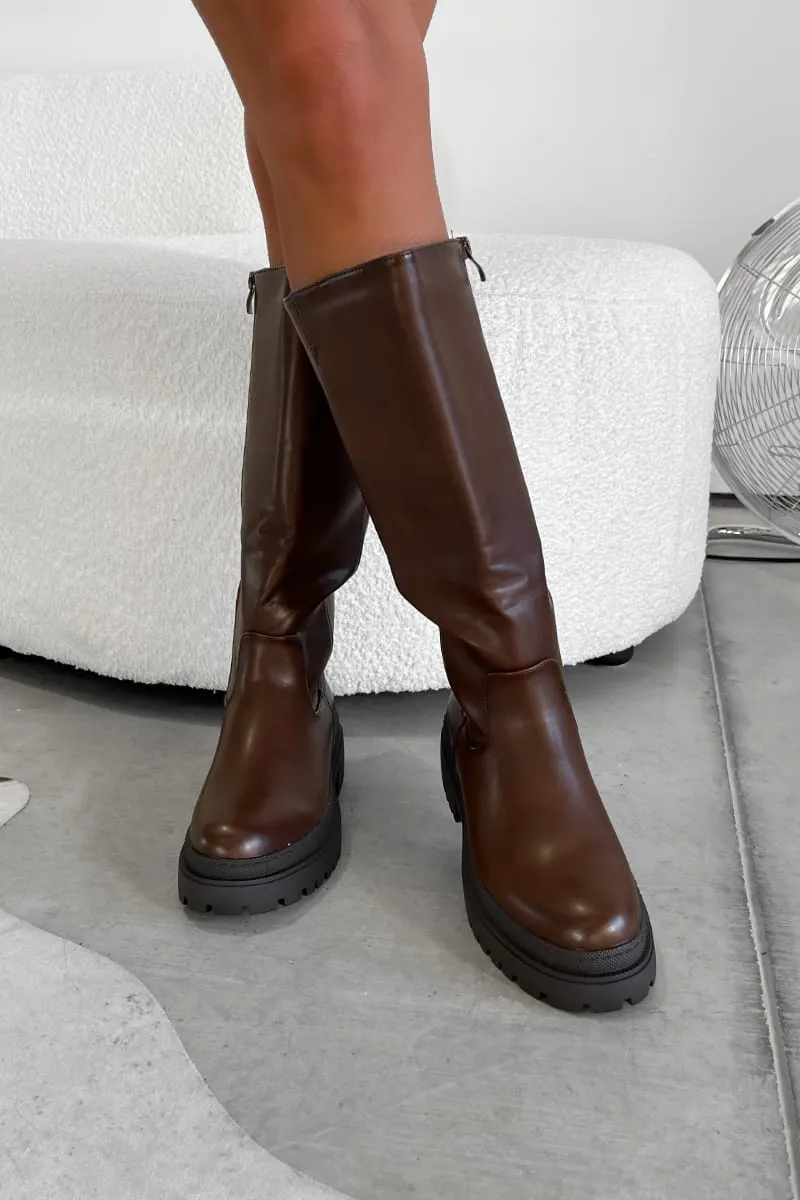 SADIE Chunky Knee High Boots - Brown PU