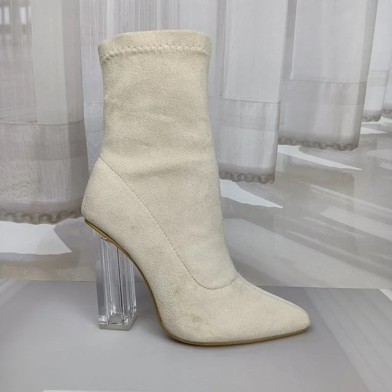 Sexy clear high heels faux suede booties