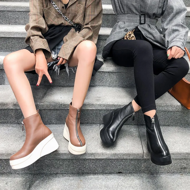 Short Boots Leather All-match Wedge Heel | Brodtica.com