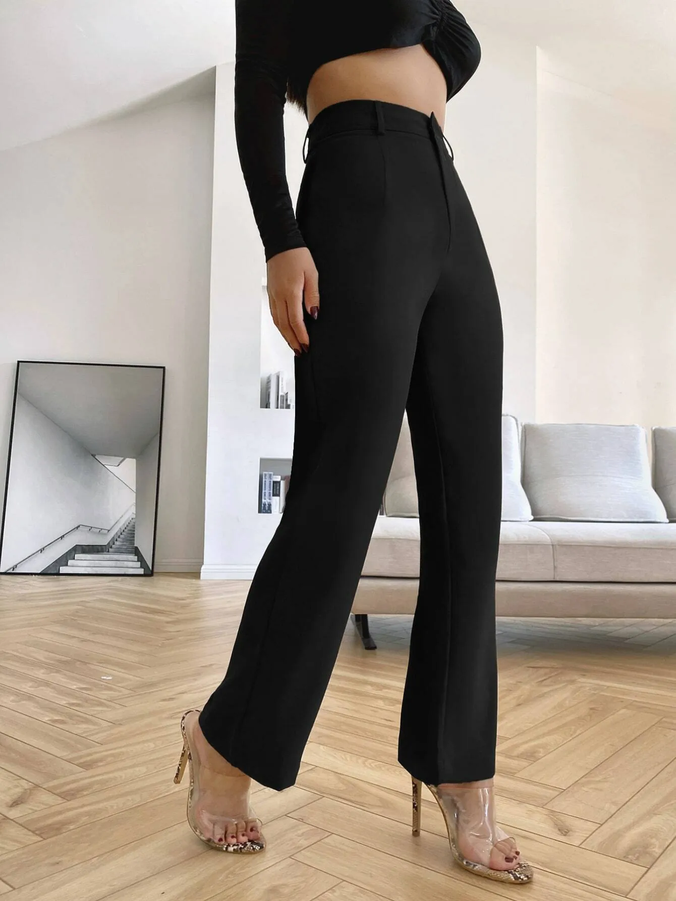 Sleek Black High Rise Casual Trousers