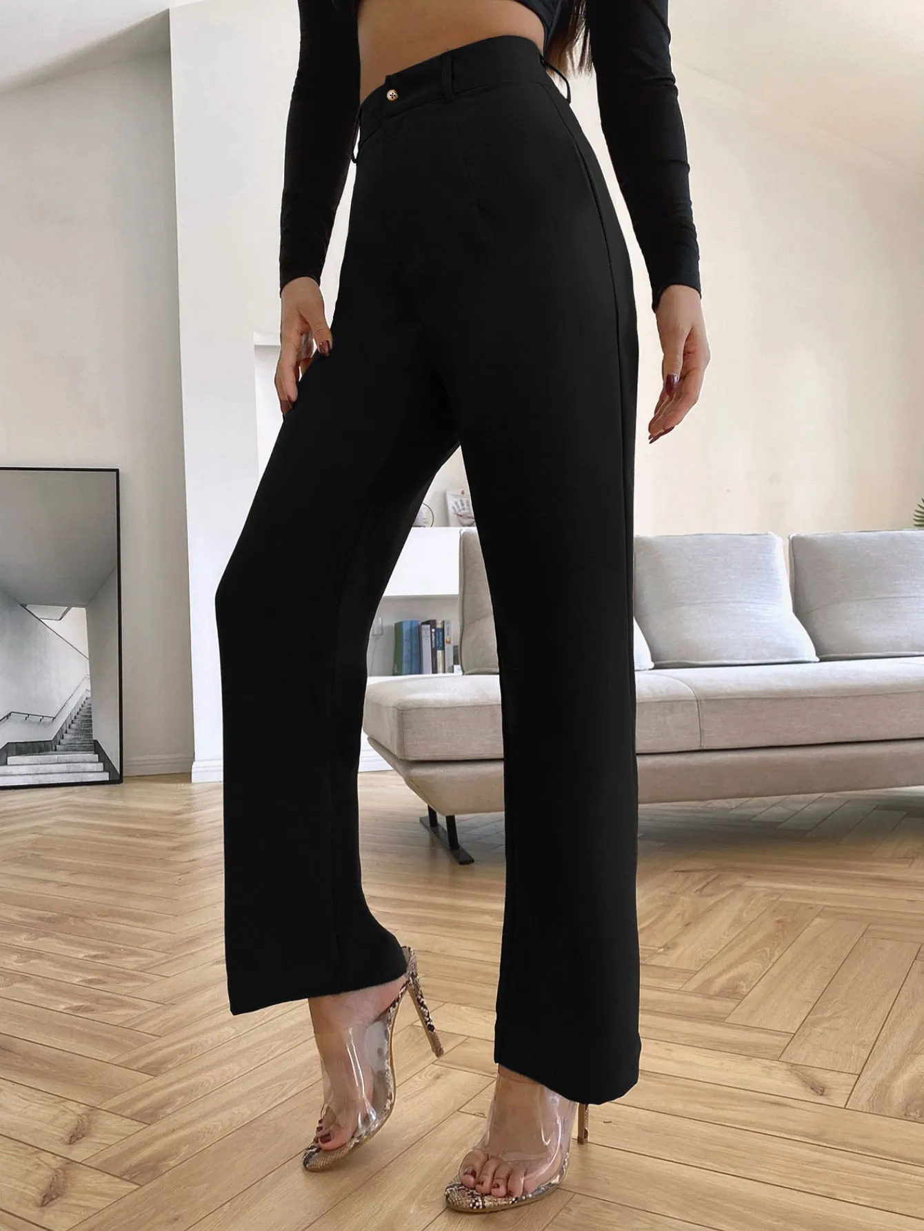 Sleek Black High Rise Casual Trousers