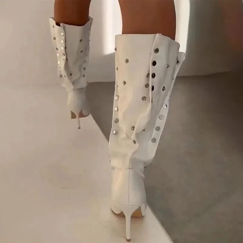 Trend4us Women's Studded Slouchy Knee-High Stiletto Boots