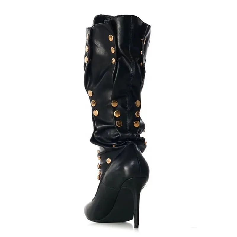 Trend4us Women's Studded Slouchy Knee-High Stiletto Boots