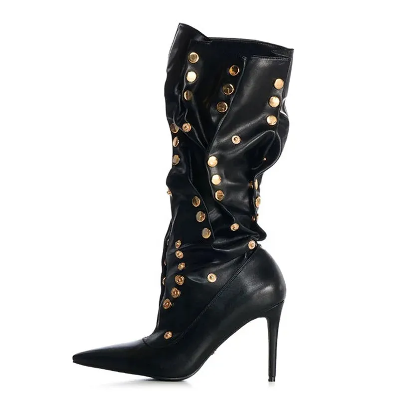 Trend4us Women's Studded Slouchy Knee-High Stiletto Boots