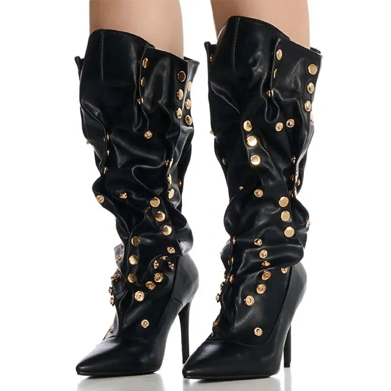 Trend4us Women's Studded Slouchy Knee-High Stiletto Boots