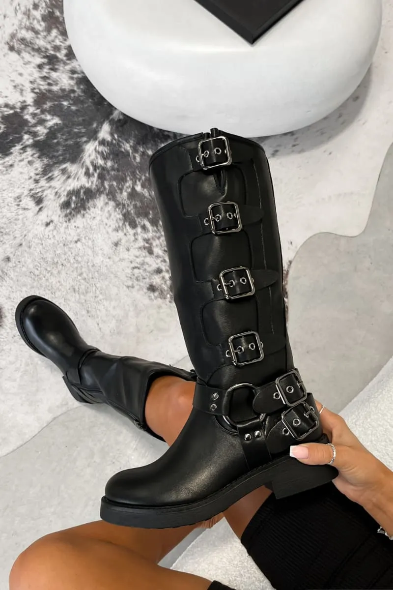 UTAH Chunky Buckle Biker Boots - Black