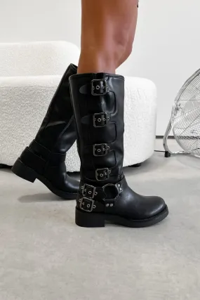 UTAH Chunky Buckle Biker Boots - Black
