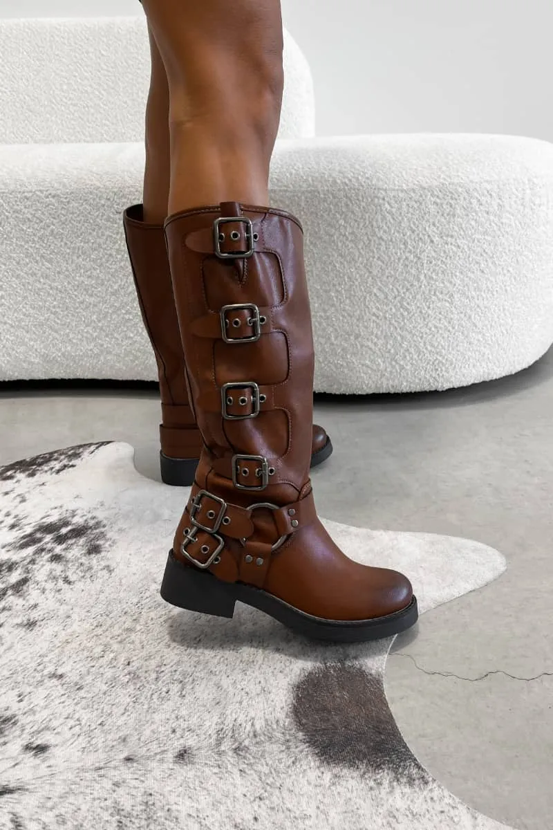 UTAH Chunky Buckle Biker Boots - Camel