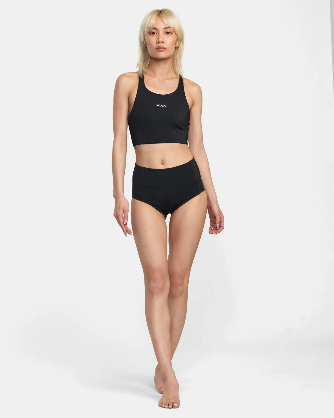 VA Essential Solid High Neck Racerback Swim Top - Black