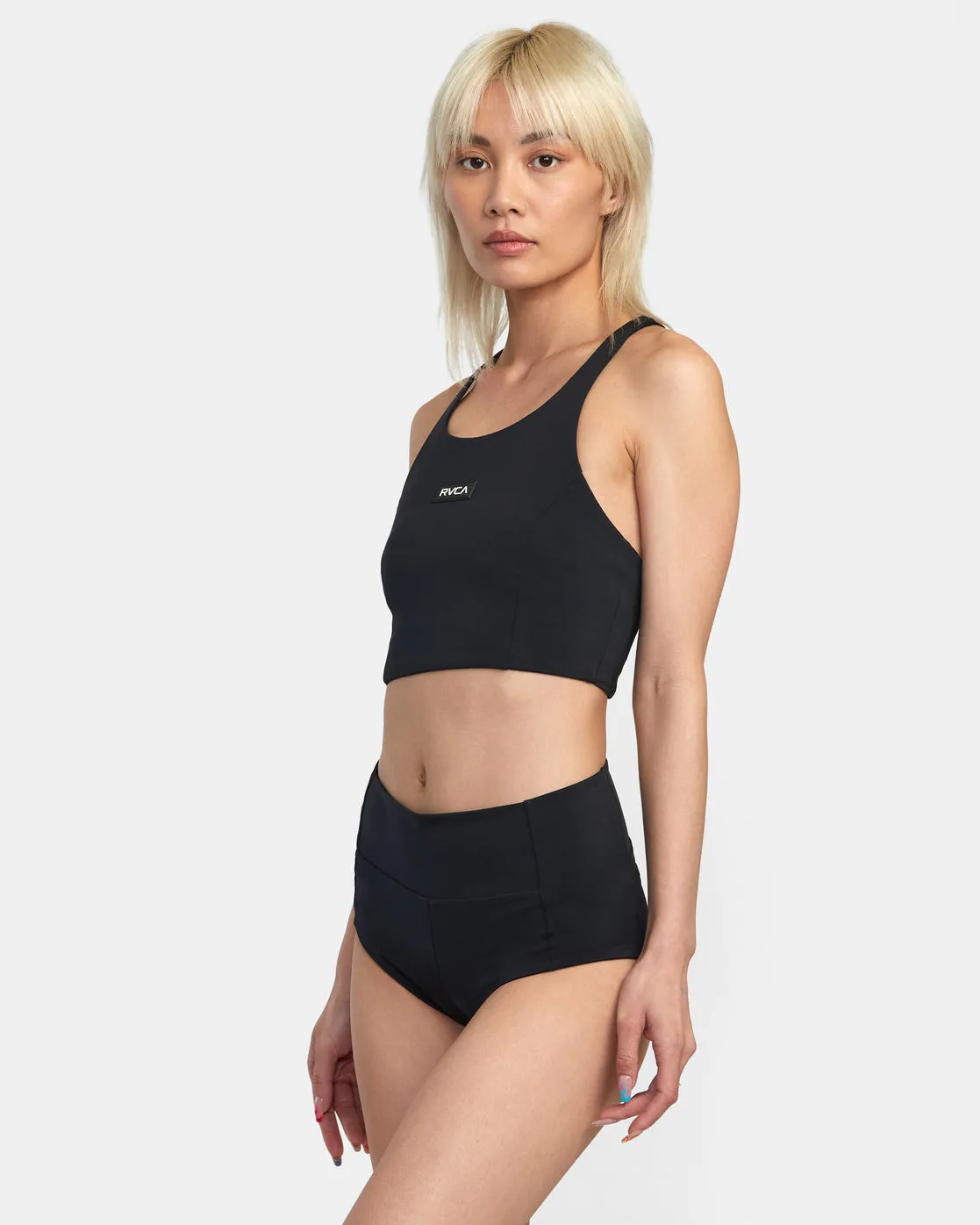 VA Essential Solid High Neck Racerback Swim Top - Black