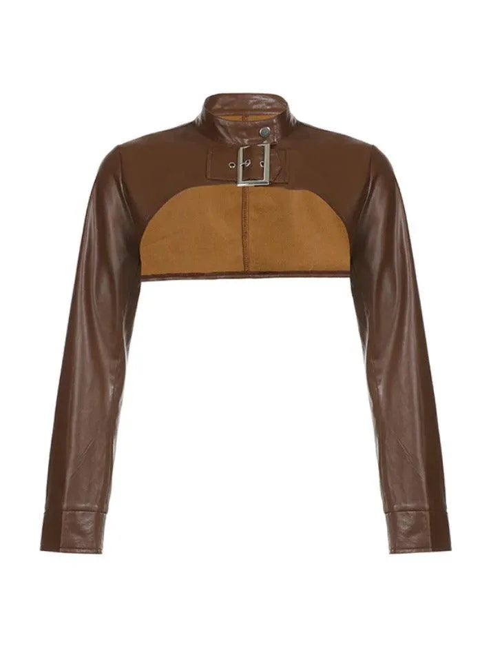Vintage Brown Ultra Short Metal Buckle Leather Jacket