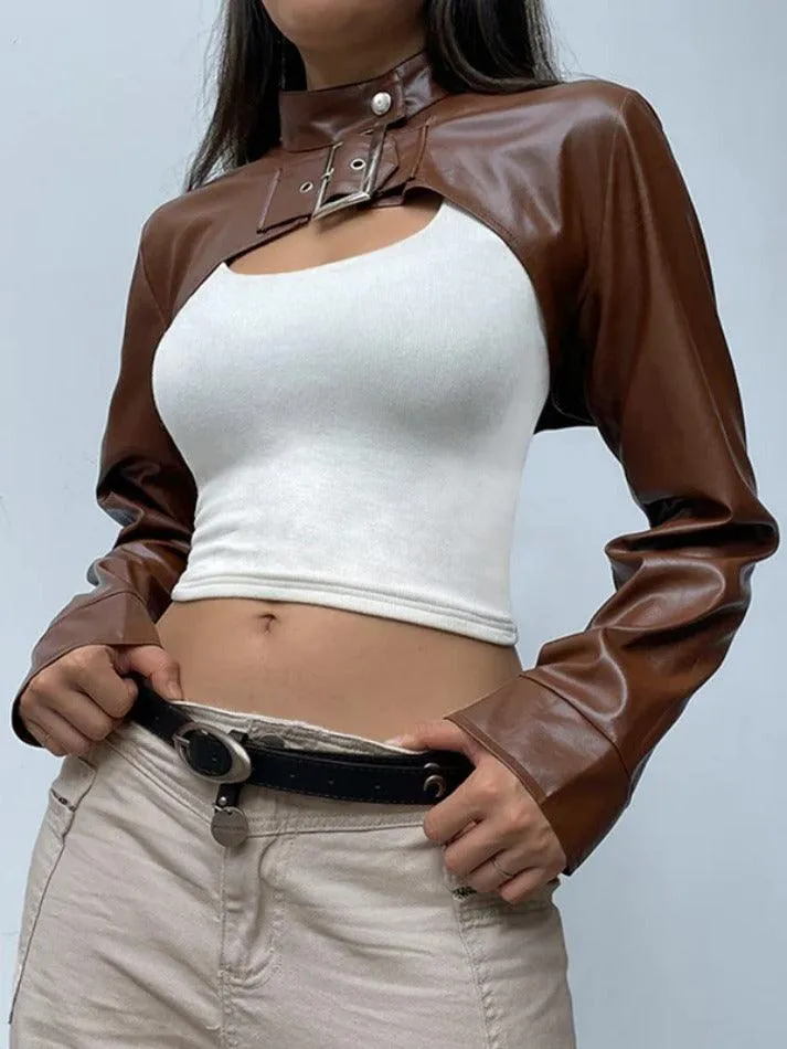 Vintage Brown Ultra Short Metal Buckle Leather Jacket