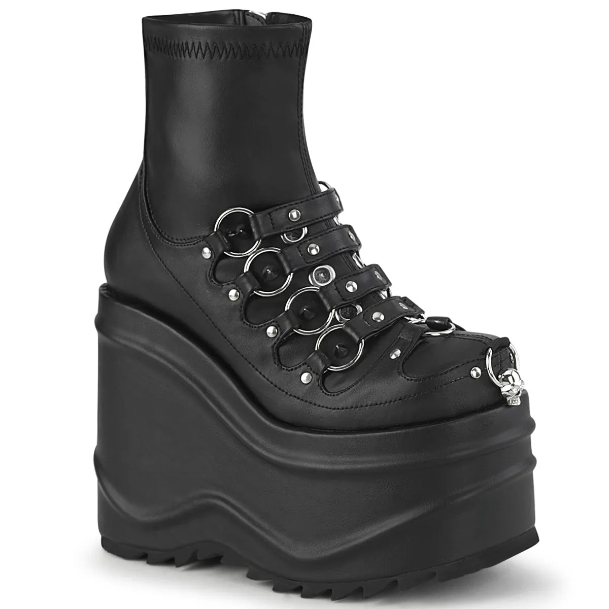 WAVE-110 DemoniaCult Black Stretch Vegan Leather Sexy Women's Ankle Boots (Alternative Footwear)
