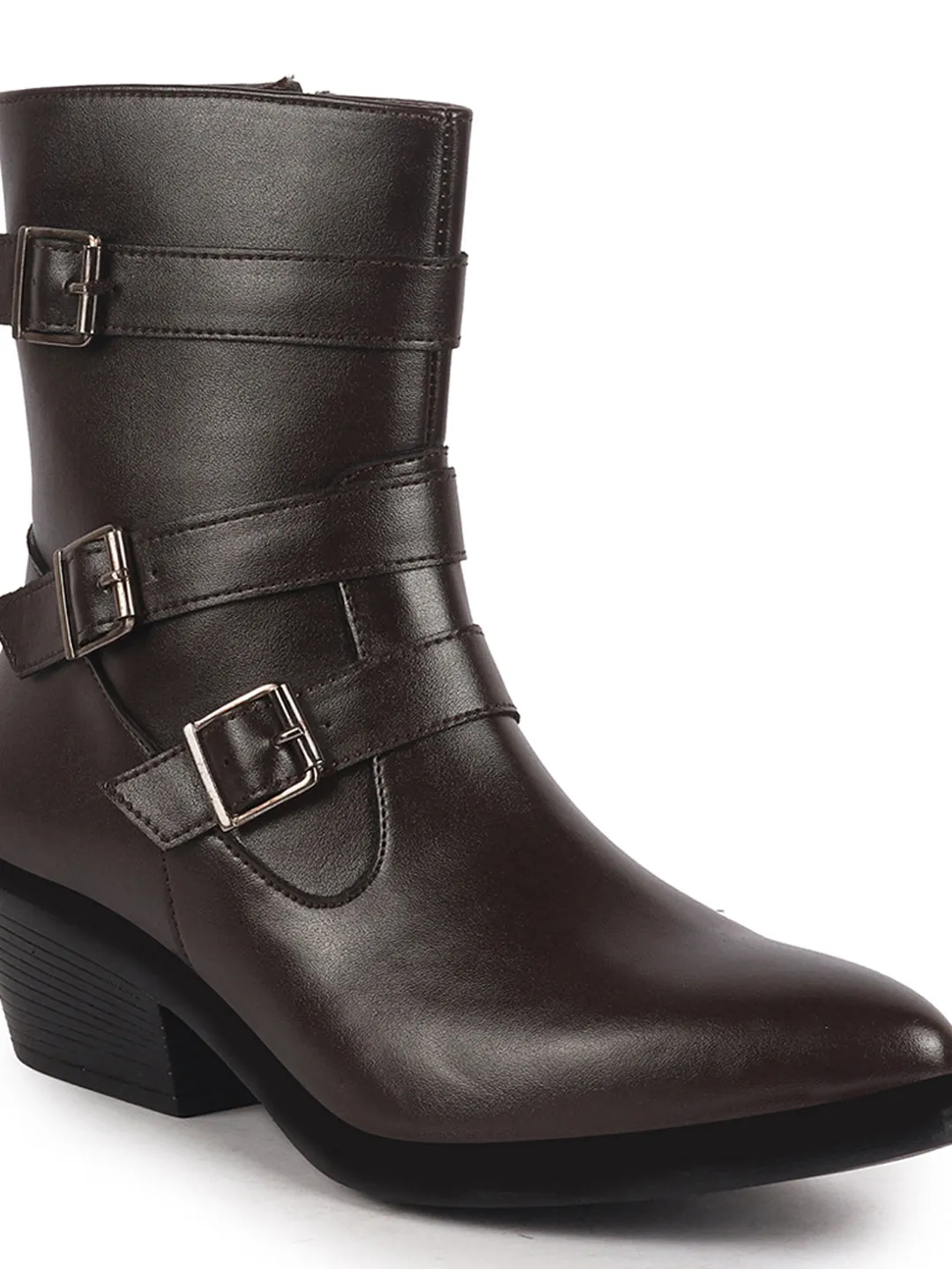 Women Brown High Ankle Flared Heel Multi Adjustable Buckle Strap Size Zipper Closure Boots for Winter|Outing|Dress Boot