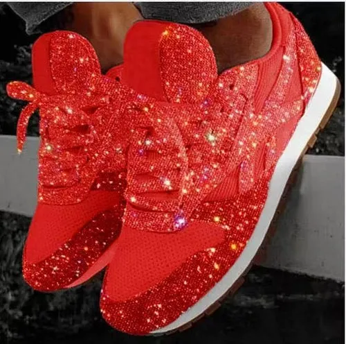 Women Flat Glitter Sneakers Casual Female Mesh Lace Up Bling Platform