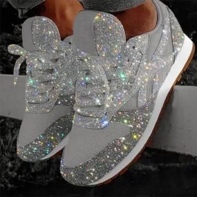 Women Flat Glitter Sneakers Casual Female Mesh Lace Up Bling Platform
