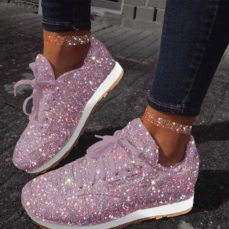 Women Flat Glitter Sneakers Casual Female Mesh Lace Up Bling Platform