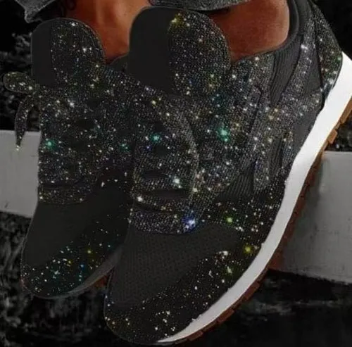 Women Flat Glitter Sneakers Casual Female Mesh Lace Up Bling Platform
