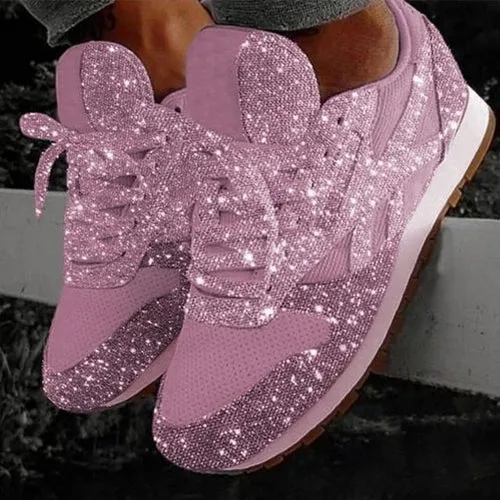 Women Flat Glitter Sneakers Casual Female Mesh Lace Up Bling Platform