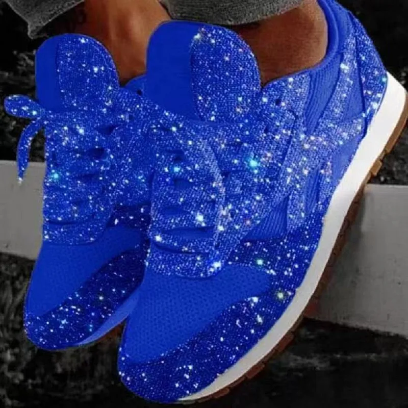 Women Flat Glitter Sneakers Casual Female Mesh Lace Up Bling Platform