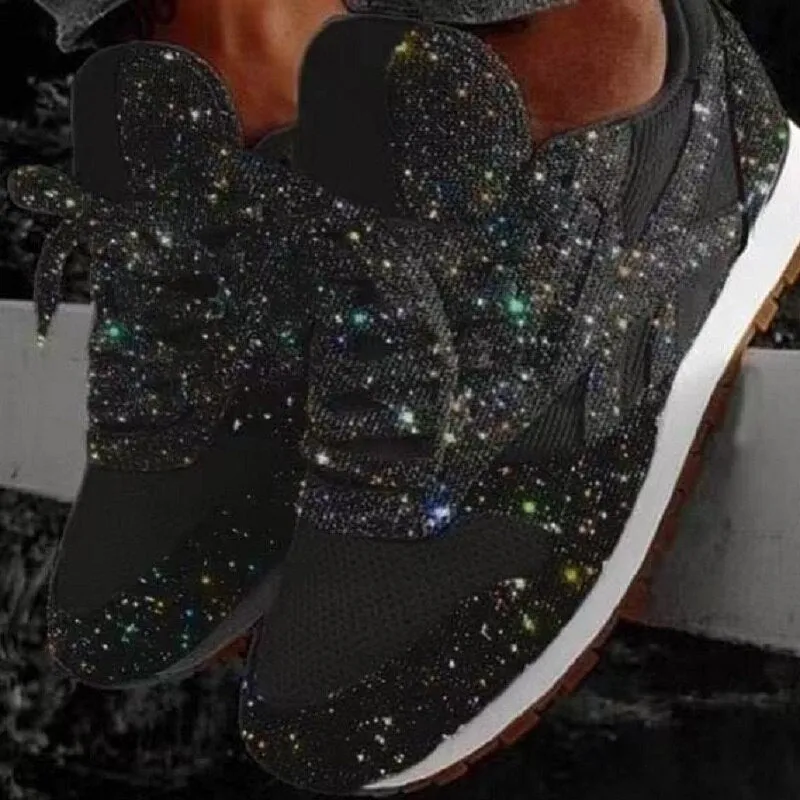 Women Flat Glitter Sneakers Casual Female Mesh Lace Up Bling Platform