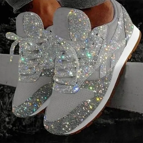 Women Flat Glitter Sneakers Casual Female Mesh Lace Up Bling Platform