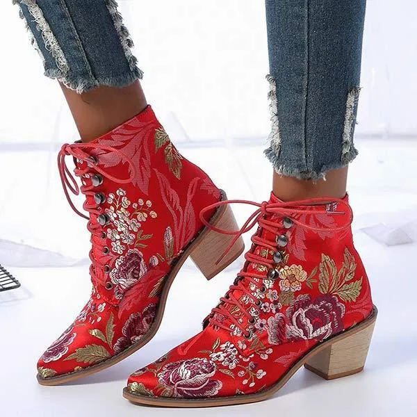 Women's Chunky Heel Embroidered Lace-Up Ankle Boots 09554467C