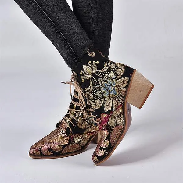 Women's Chunky Heel Embroidered Lace-Up Ankle Boots 09554467C