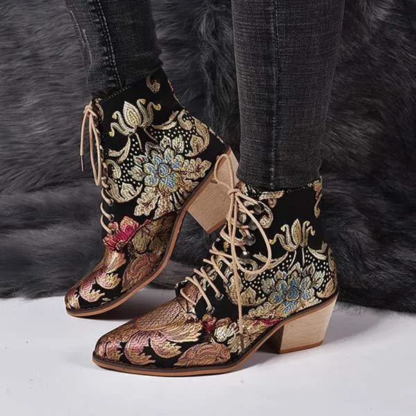 Women's Chunky Heel Embroidered Lace-Up Ankle Boots 09554467C