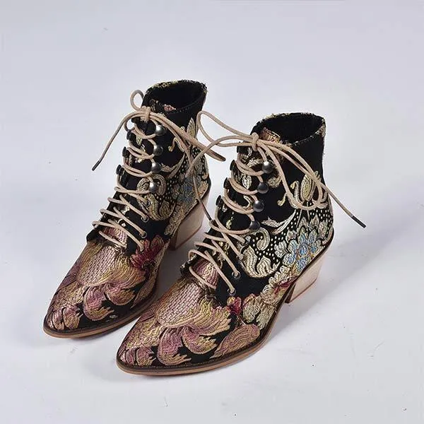 Women's Chunky Heel Embroidered Lace-Up Ankle Boots 09554467C