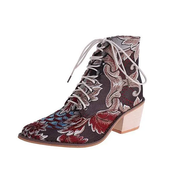Women's Chunky Heel Embroidered Lace-Up Ankle Boots 09554467C