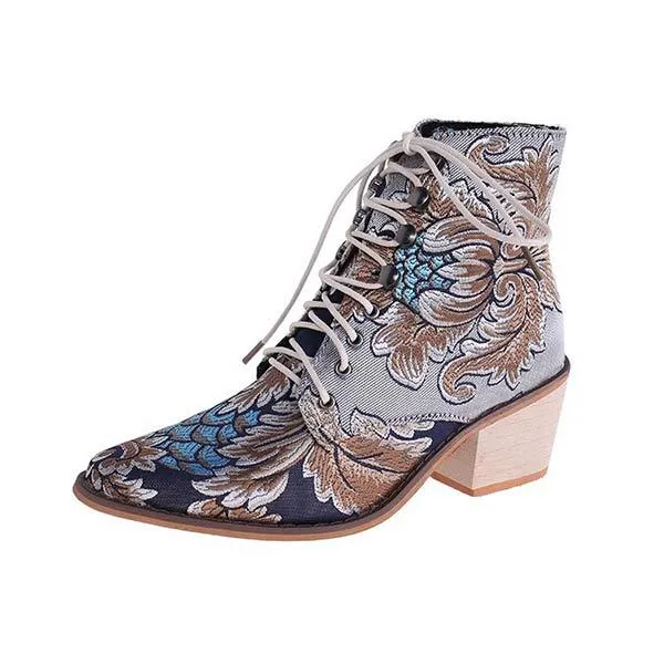 Women's Chunky Heel Embroidered Lace-Up Ankle Boots 09554467C