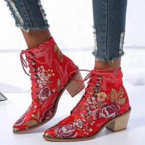 Women's Chunky Heel Embroidered Lace-Up Ankle Boots 09554467C