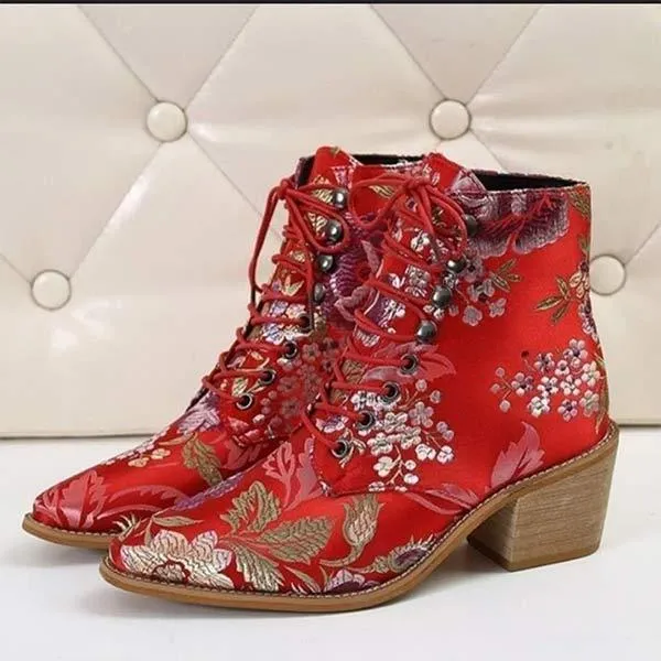 Women's Chunky Heel Embroidered Lace-Up Ankle Boots 09554467C