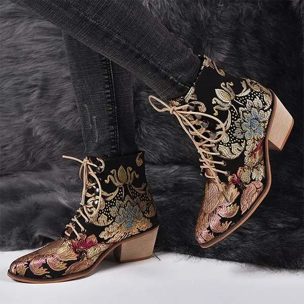 Women's Chunky Heel Embroidered Lace-Up Ankle Boots 09554467C