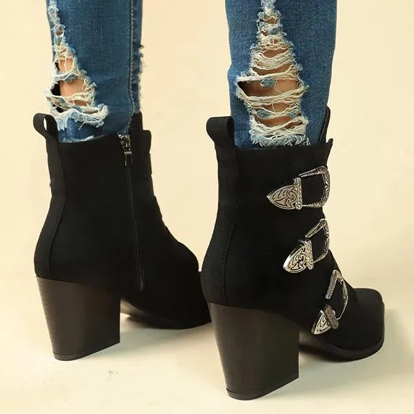 Women's Fashionable Belt Buckle Pointed Toe Short Boots 98389711S