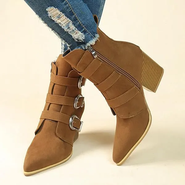 Women's Fashionable Belt Buckle Pointed Toe Short Boots 98389711S