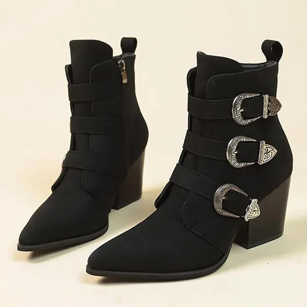 Women's Fashionable Belt Buckle Pointed Toe Short Boots 98389711S