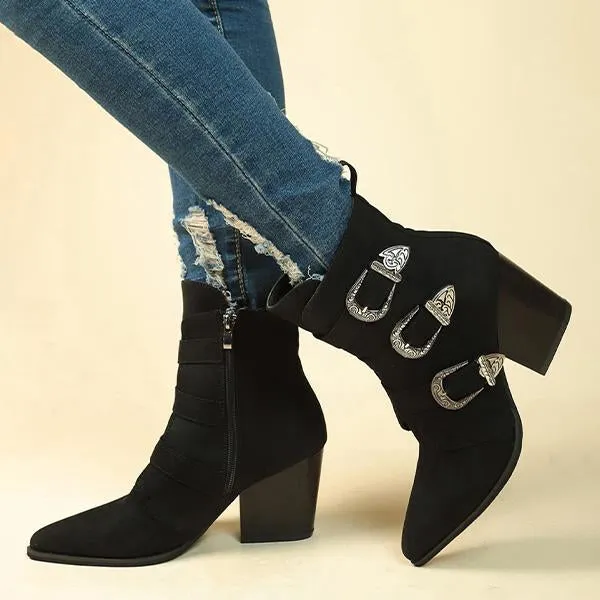 Women's Fashionable Belt Buckle Pointed Toe Short Boots 98389711S