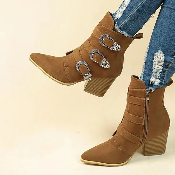 Women's Fashionable Belt Buckle Pointed Toe Short Boots 98389711S