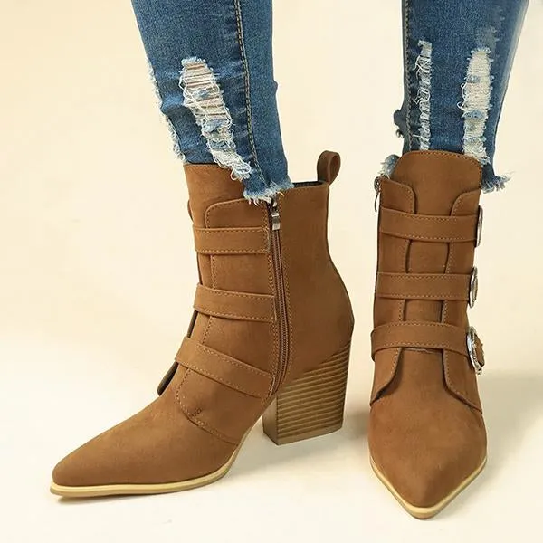 Women's Fashionable Belt Buckle Pointed Toe Short Boots 98389711S