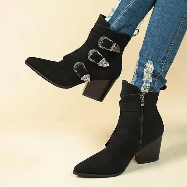 Women's Fashionable Belt Buckle Pointed Toe Short Boots 98389711S