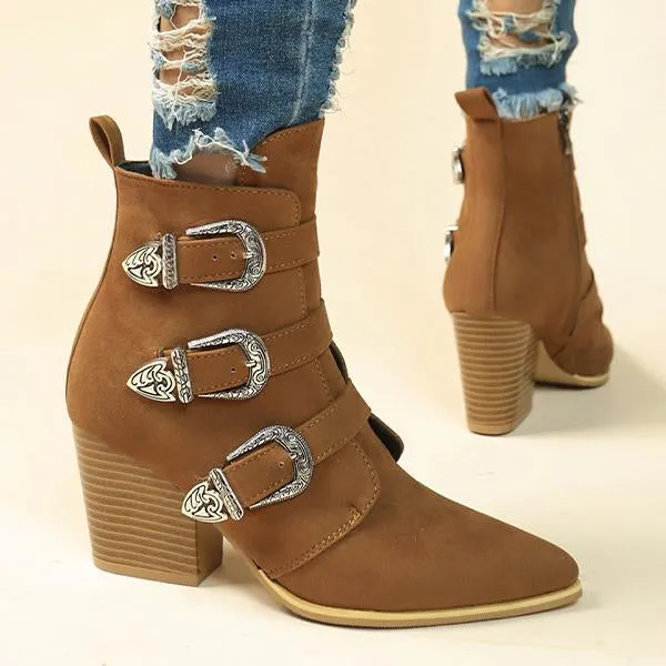 Women's Fashionable Belt Buckle Pointed Toe Short Boots 98389711S