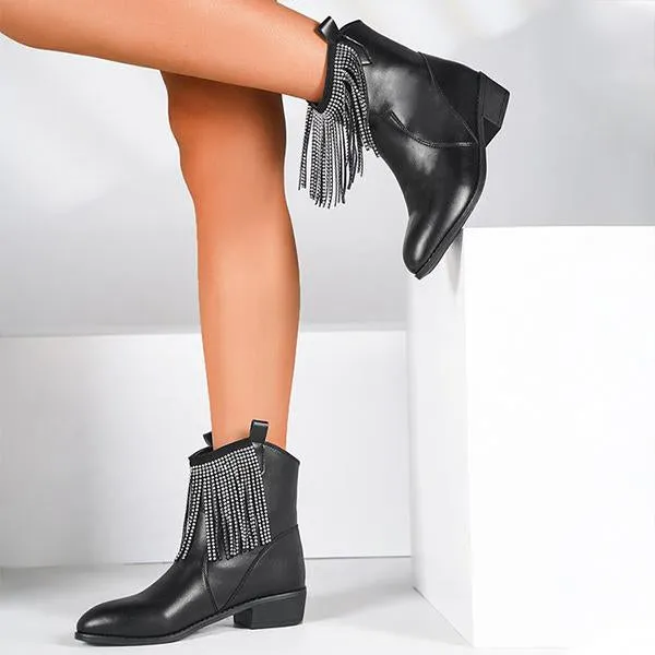Women's Fashionable Rhinestone Thick Heel Tassel Short Boots 84347122S