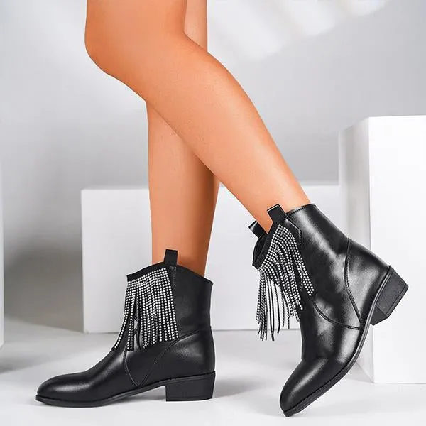 Women's Fashionable Rhinestone Thick Heel Tassel Short Boots 84347122S
