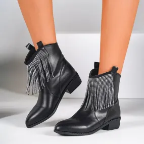 Women's Fashionable Rhinestone Thick Heel Tassel Short Boots 84347122S
