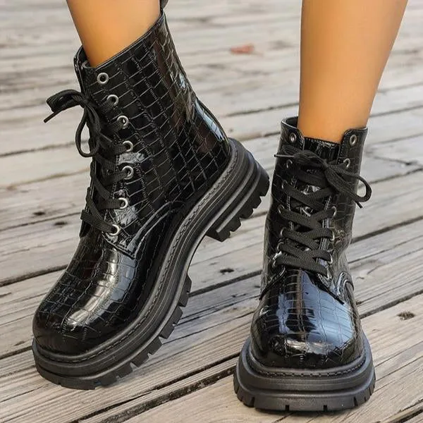 Women's Fashionable Stone Pattern Lace-Up Martin Boots 52632216S
