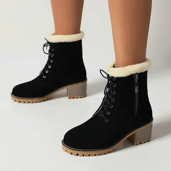Women's Fashionable Thick Heel Fur Lace-Up Snow Boots 27059756S